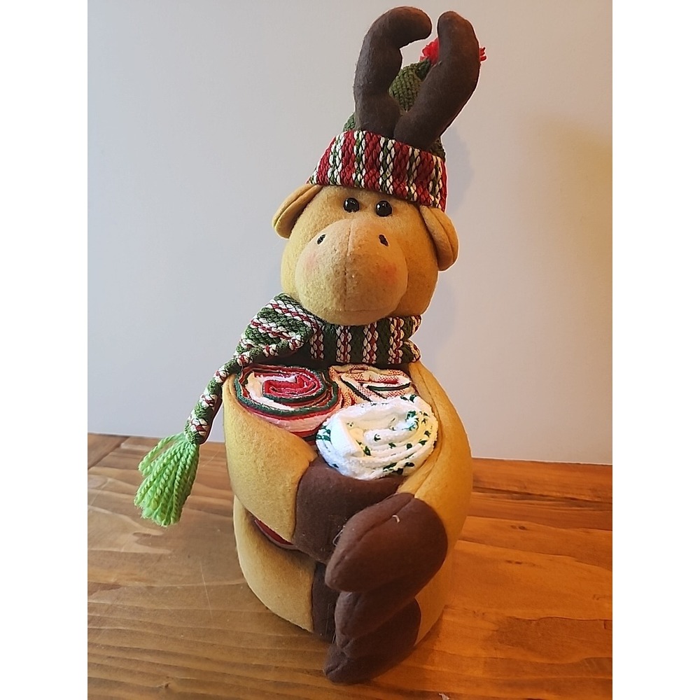 Reindeer Towel Holder Christmas Kitchen Set 3 towels Holiday Decorations EUC